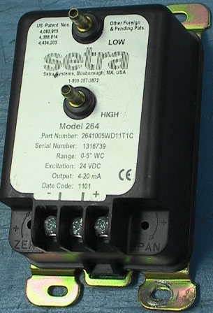 Setra Model 264 Low Differential Air Pressure Sensor 0-5"WC 4-20